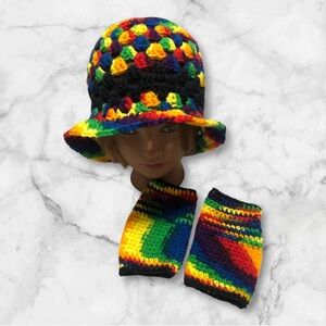 Colorful Crochet bucket Hat and Fingerless Gloves Set